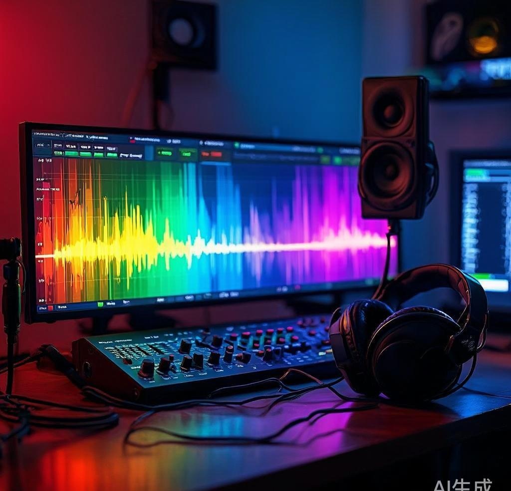 AI voice changer technology with sound wave visualization and studio equipment