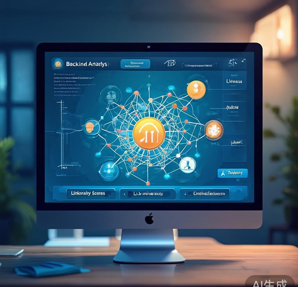AI-powered backlink analysis showing domain authority scores and link building network graph
