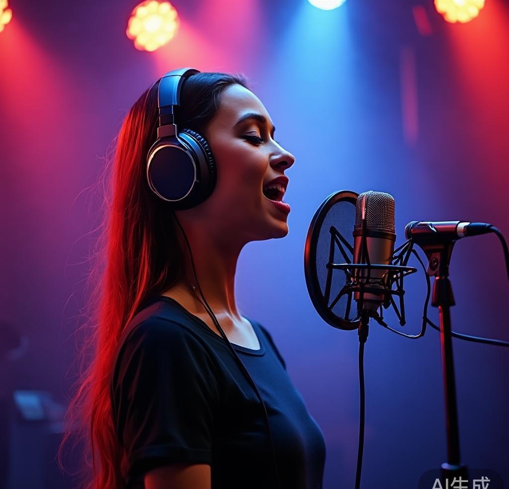 Singer recording vocals with AI-assisted production tools in studio booth