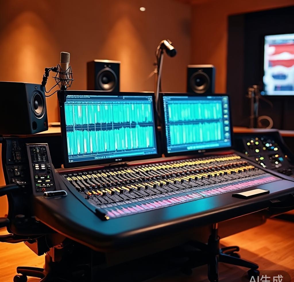 Professional music studio mixing console with AI-assisted production tools
