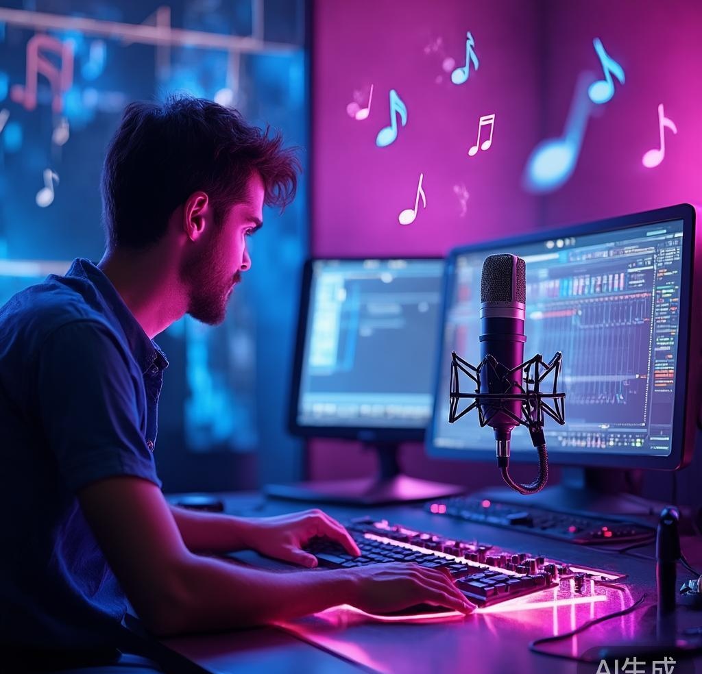 AI song cover generator producing music in a digital studio