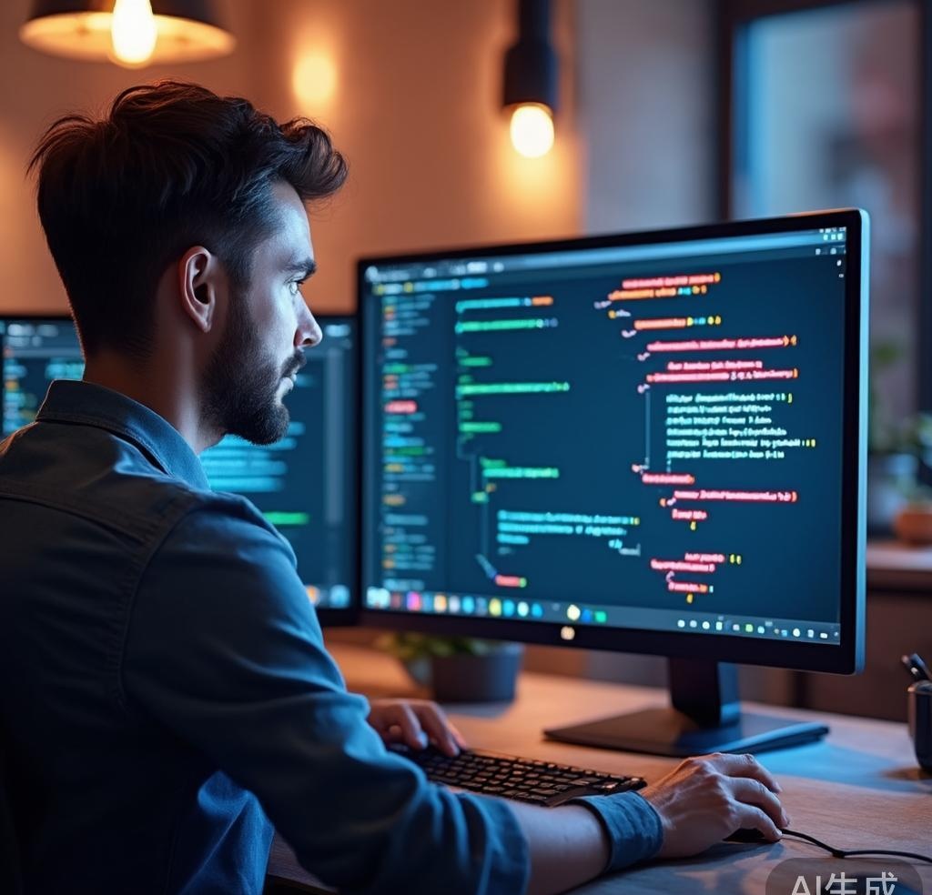 AI code review tool analyzing source code with highlighted suggestions