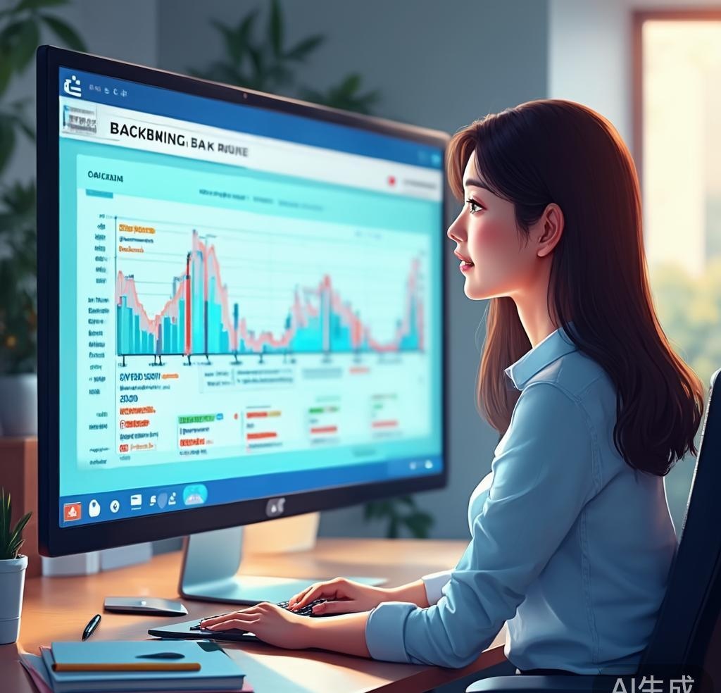 Digital marketing professional analyzing backlink profile with AI tool showing referring domains chart