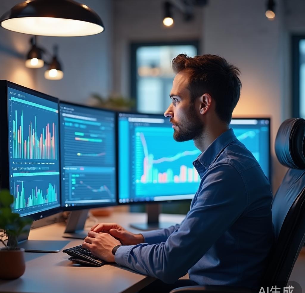 SEO professional reviewing AI-generated site audit results on multiple monitors